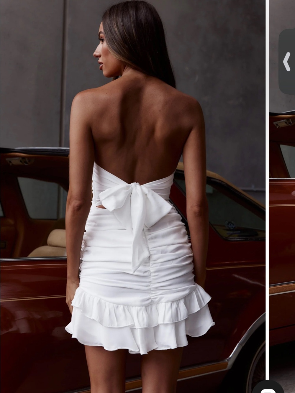 Selfie Leslie White Strapless Ruched Frill-Hem Mini Dress